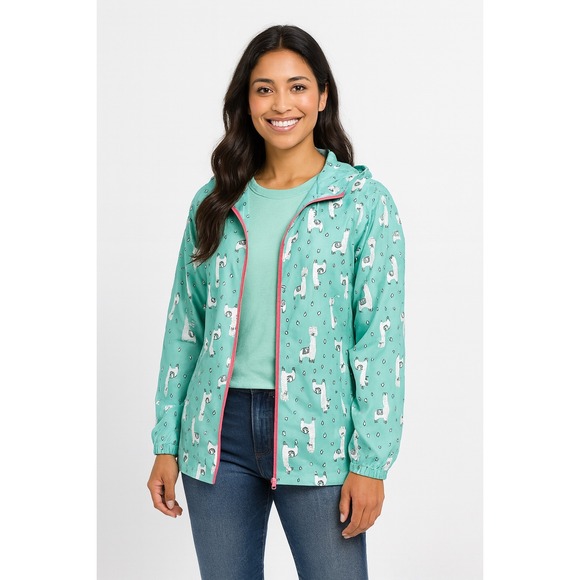 Lands' End Llama Print Rain Jacket Hooded Full Zip Light Green Woman's XL Spring - Picture 1 of 15